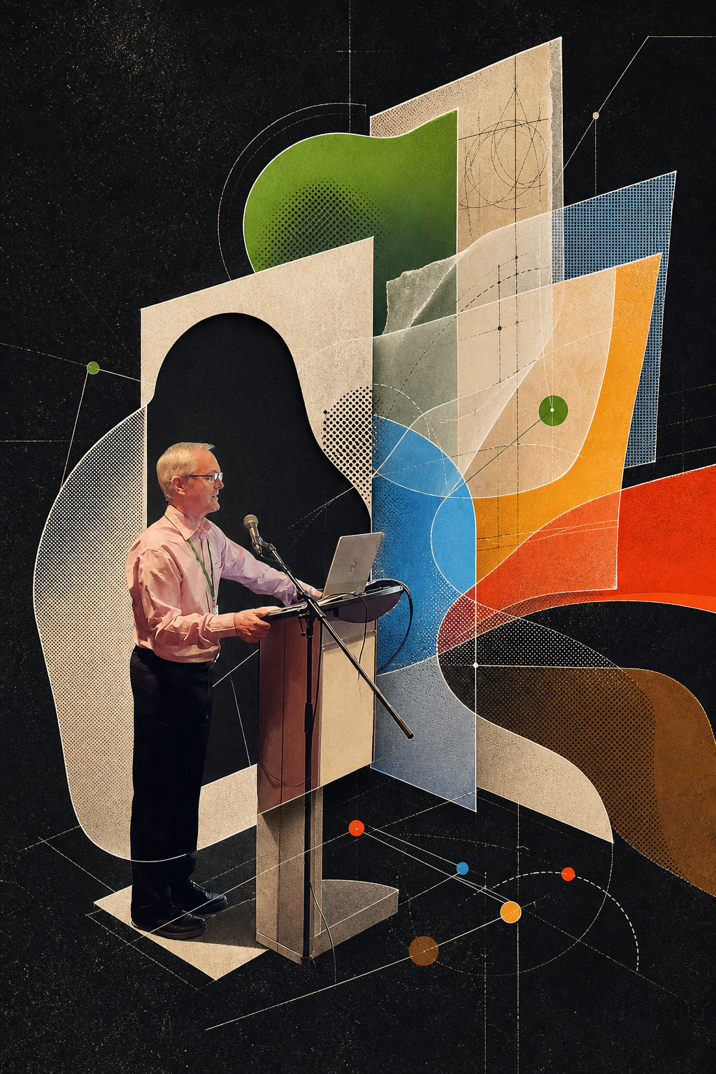Editorial artwork of a TPAC presenter opening up layered ideas during a focused capability session