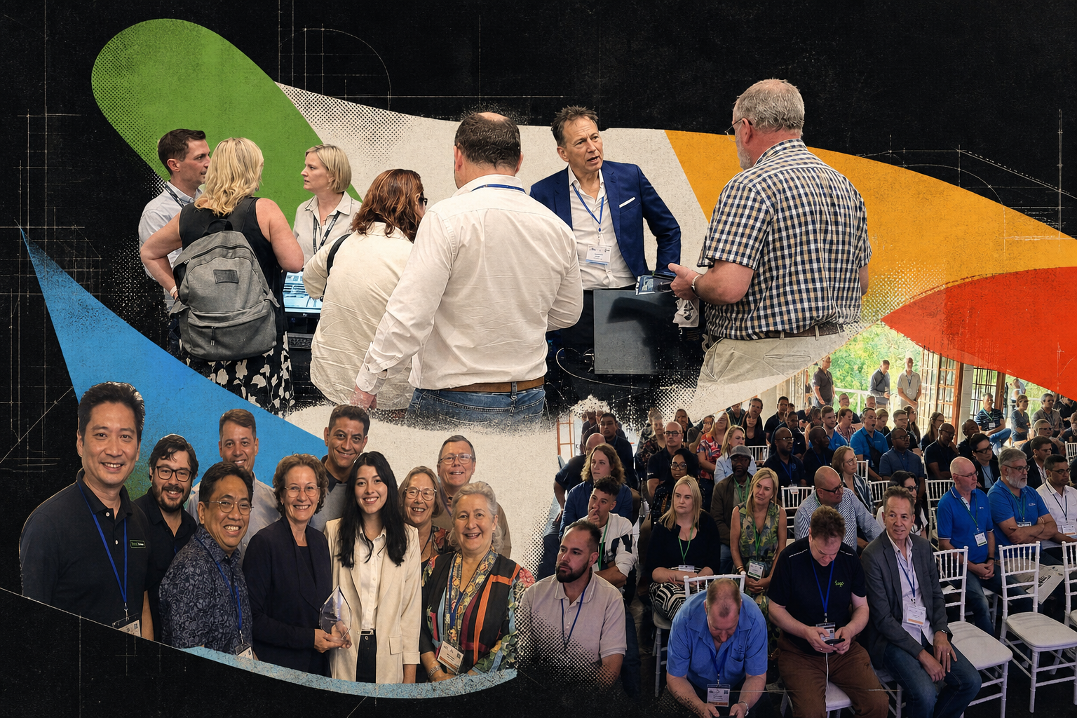 Editorial collage of TPAC delegates, exhibitors and conference audiences
